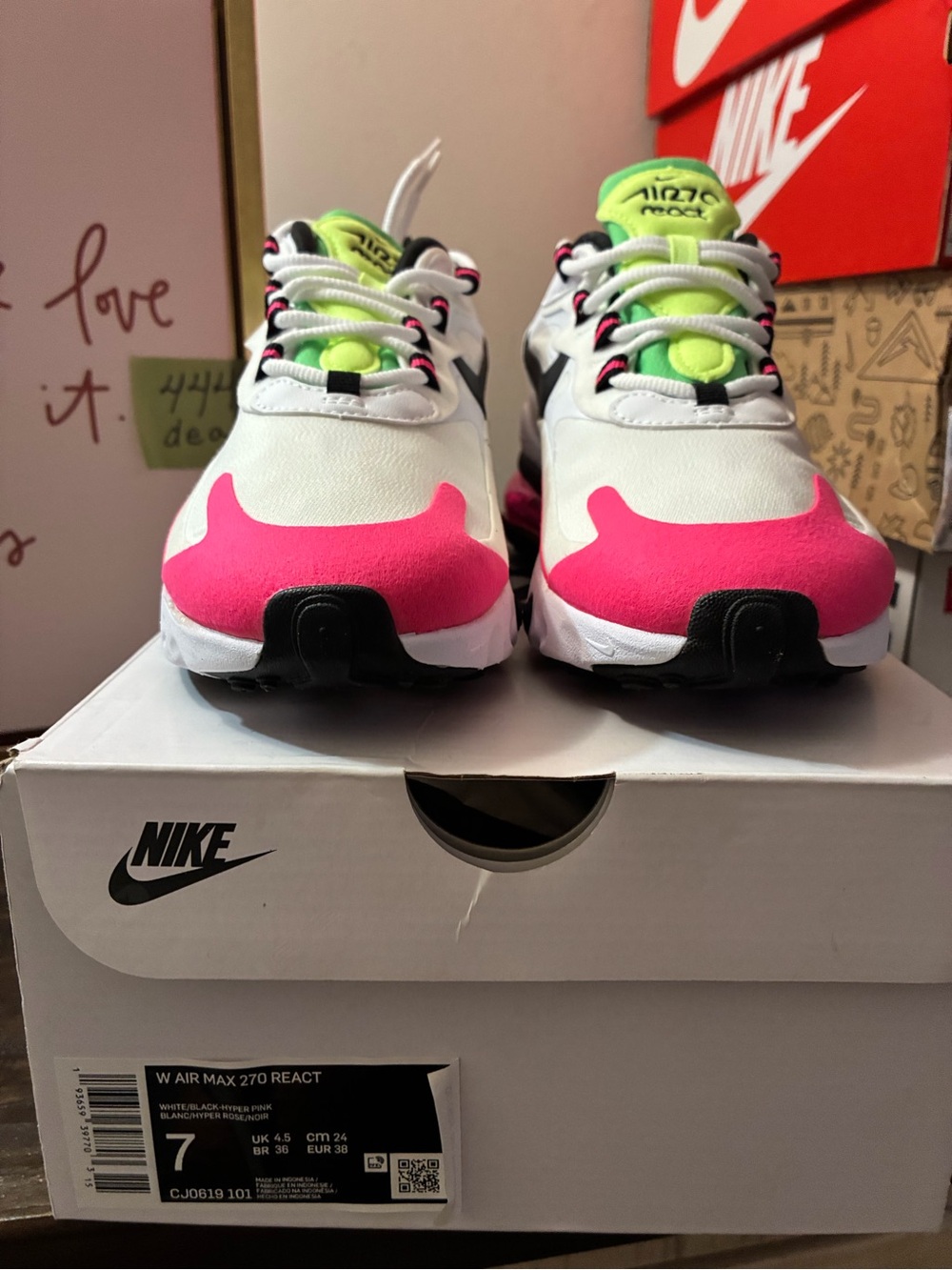 Nike Women’s Air Max 270 React Sneakers - White, Hot Pink & Neon Green